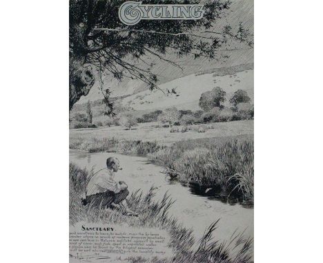 *Sanctuary. An idyllic country scene, depicting a pipe-smoking cyclist resting by a stream and contemplating the beauty of th