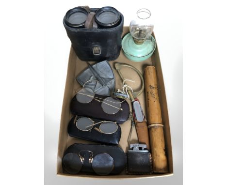 Several pairs of antique spectacles, pair of binoculars, Ronson lighter, german cylindrical box, etc.