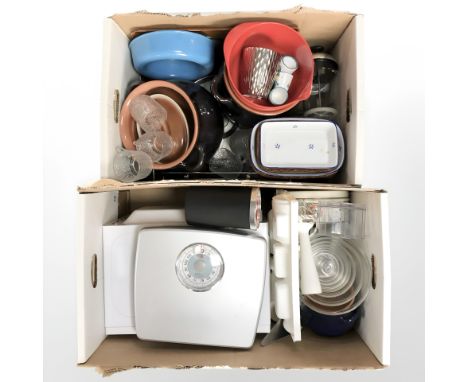 Assorted kitchenwares, microwave, set of floor scales, glassware, etc. (2 boxes)