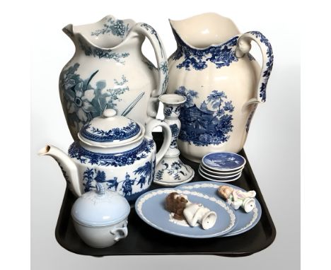 Assorted ceramics including two porcelain half dolls, two Wedgwood jasperware dishes, Mintons wash jug plus another, Royal Co