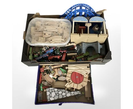 A group of Thomas the Tank Engine and other model trains, wooden track, buildings, etc. (2 boxes)