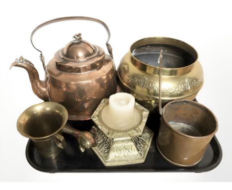 A 19th century copper kettle, embossed brass planter, hexagonal squat candlestick, Indian enameled brass figure of a peacock,