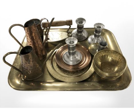 Metal wares to include a pair Scandinavian pewter candlesticks, further similar candlestick, brass tray and bowls, two copper