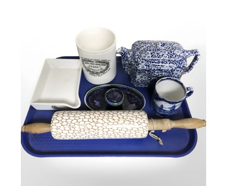 A Maling oval desk stand incorporating an inkwell, further Maling blue and white teapot, North-East coast Exhibition 1929 blu