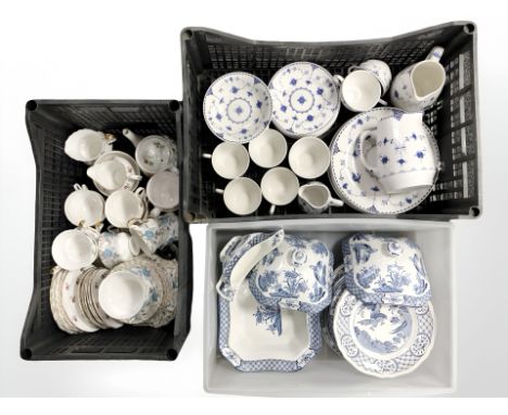 A quantity of Johnson Brothers blue and white tea and dinnerwares, Old Chelsea dinnerplates, Colclough tea china, etc. (3 box