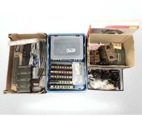 A group of model railway buildings, track, related components, Bachmann OO gauge passenger cars, etc. (3 boxes)