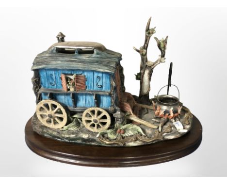 A large Capo di Monte figure, 'The Romany Caravan', a limited edition No. 30 of 200 pieces, with certificate, on wooden plint