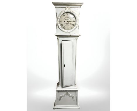 A continental painted and gilt longcase clock, with pendulum and weights, height 194 cm 