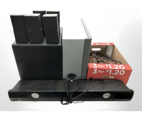 A Sony speaker system SS-WS9, a DGM sound bar for iPhone plus iPod, several other speakers, a box of various leads, etc.