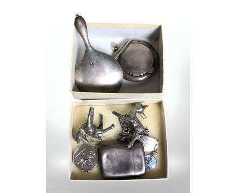 A silver match vesta, Saint Christopher pendant on chain, miniature hand mirror, compact, two white metal figures of deer, et