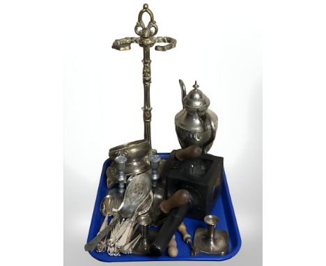 A brass stick stand, silver plated coffee pot, assorted EPNS cutlery, pair of EPNS candlesticks, pair of pewter candlesticks,