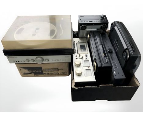 A group of audio equipment including Cambridge Audio integrated amplifier 340A SE, Prinz RP500 turntable, Technix speaker sys