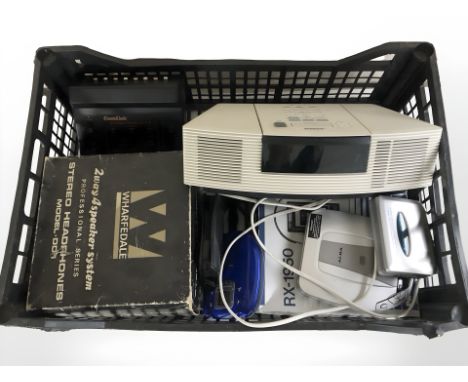 A Bose wave radio/CD player, Warfedale stereo headphones model DD1 in box, a Camlink stereo sound mixer MX-800, Alba compact 