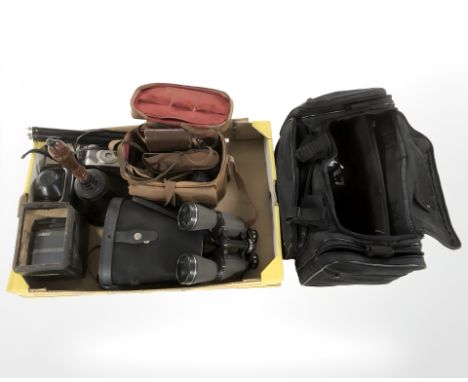 Two camera bags containing several vintage cameras, including Olympus, pair of Miranda 16x50 binoculars, camera tripod, chrom