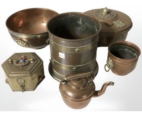 An eastern copper tripod bowl, similar items, miniature kettle, etc. 