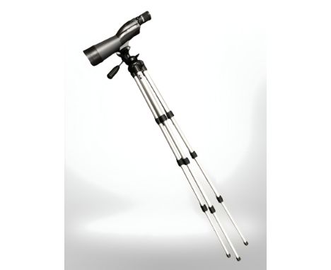 An Opticron 80mm field scope, on telescopic tripod.