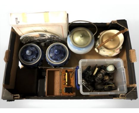 Two ceramic biscuit barrels, a pair of continental blue and white pottery lidded jars, a Morse code tapper, assorted diecast 
