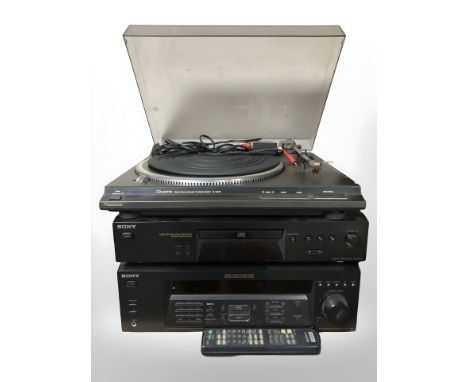 A Technics automatic turntable SL-QD33, Sony compact disc player CDP-XE270 and Sony stereo FM-AM receiver STRDE-185. (contine