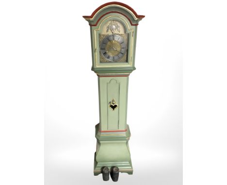 A 20th century continental painted longcase clock with pendulum and weights, height 195 cm 