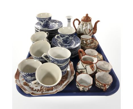 A group of Japanese Kutani export tea porcelain, further blue and white willow pattern teacups and saucers and a modern Chine
