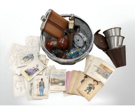 A small group of collectables, to include stirrup cups, miniature hunting dagger, antique trading cards, hip flask, etc. 