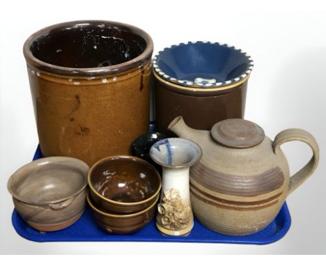 A group of Scandinavian glazed pottery wares, including planter, bowls, stoneware teapot, etc.
