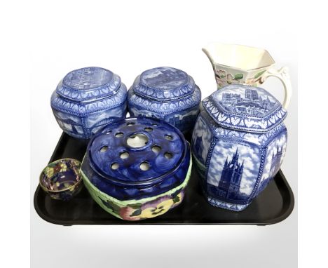 A pair of Ringtons blue and white porcelain hexagonal tea caddies, a further caddy, a lustre jug, rose bowl and a further sma