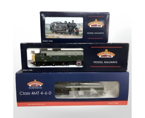 Three Bachmann branch line OO gauge locomotives comprising 31-116 Standard Class 4MT75069BR1B Tender BR Lined Green Late Cres