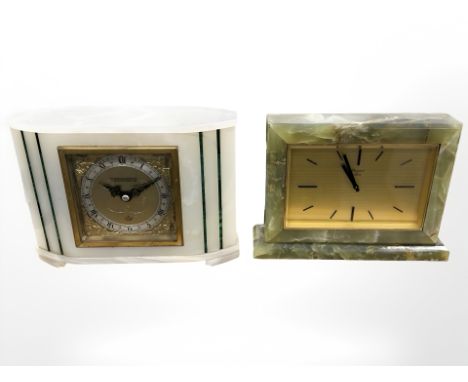 An Elliott white onyx and malachite mantle clock, width 21 cm, together with a further green onyx mantle clock by Baronet of 