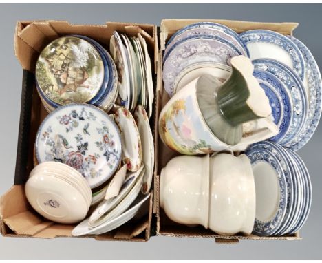 Two boxes of plates, ceramic decorative plates, collectors plates, blue and white dinnerware etc.