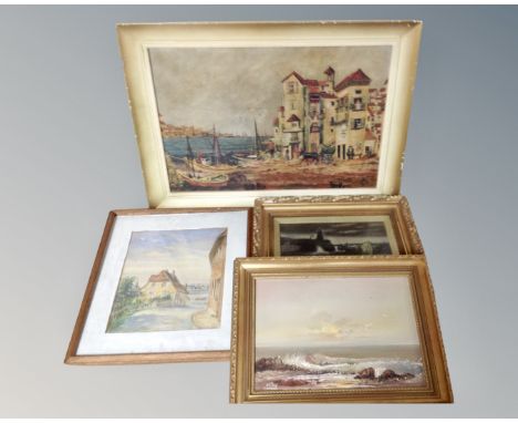 J Bird (20th century) : Seascape, oil on canvas, together with three further pictures. (4)