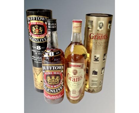 Two bottles of alcohol including William Grants Family Reserve finest scotch and Dufftown pure malt scotch whisky glenlivet 8