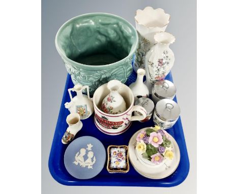 A tray of ceramics including Wedgwood china, Royal Worcester egg coddlers, a large Sylvac planter etc.