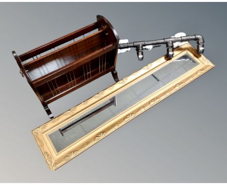 A contemporary gilt framed hall mirror together with a lion mask-handled magazine rack and an industrial style four-way light