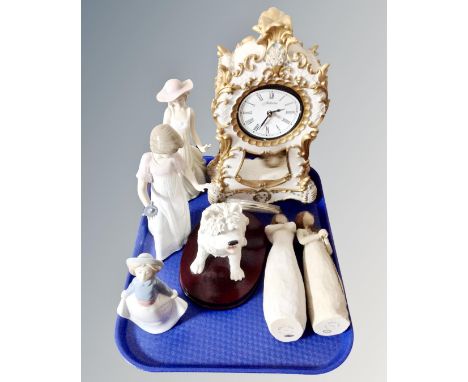 A Juliannia collection decorative gilded clock together with three Nao figures, a resin figure of a terrier and two willow tr