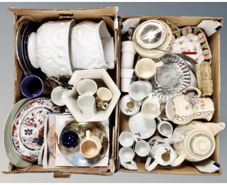 Two boxes of assorted ceramics, commemorative china, Bavarian tea ware, planters, German collector's plates with certificates