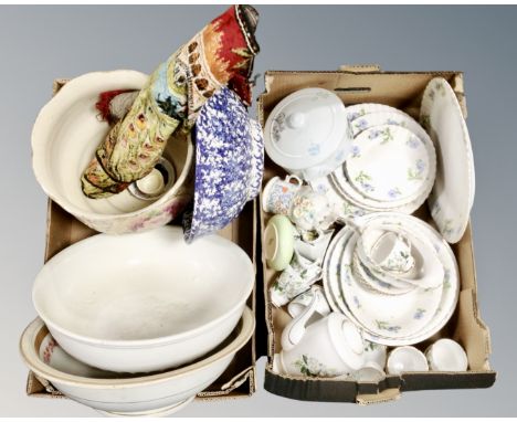 Two boxes of 19th century and later ceramics, wash bowls, planter, Royal Standard tea service, Richmond blue poppy dinner war