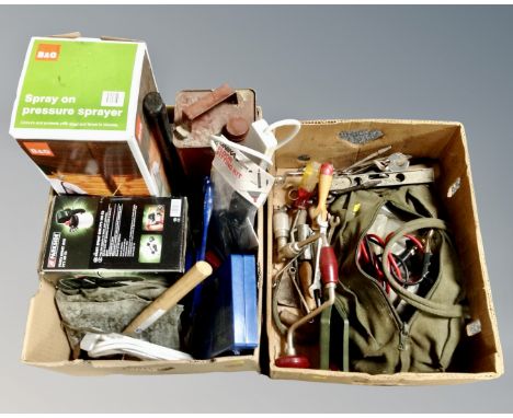 Two boxes of tools, spanners, pressure sprayer, spray gun etc.
