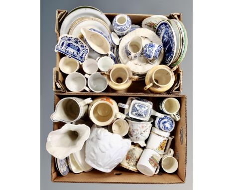 Two boxes of ceramics, plates, a china jardiniere, blue and white ginger jar etc.