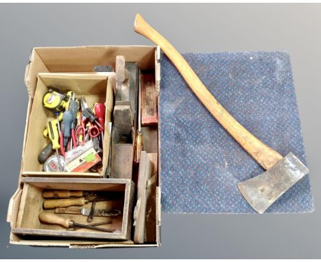 A box of tools, vintage axe, wood plane, mover's trolley etc 