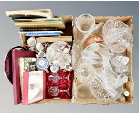 Two boxes of assorted glass ware, plated trays, miniature three piece Sadler tea service antique books etc 