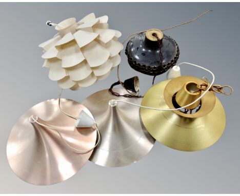 A 1970's Scandinavian pottery pendant light fitting together with four further lights 