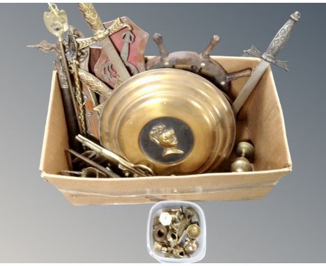 A box of metal ware including brass ornaments, swords, shield, fire pieces, ship's wheel barometer etc 