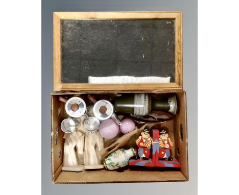 A counter topped display cabinet together with a box containing pottery four piece Sona tea service, pair of marble horse hea