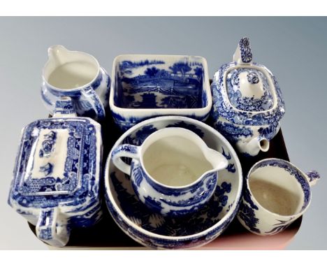 A tray of blue and white Maling Spode ceramics.