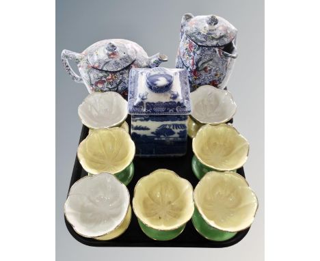 A tray of Maling pottery including Sunday dishes, chintz water jug and teapot caddy.