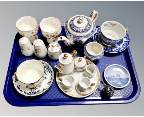 A tray containing a miniature tea service, blue and white china, a pair of Minton dishes etc.
