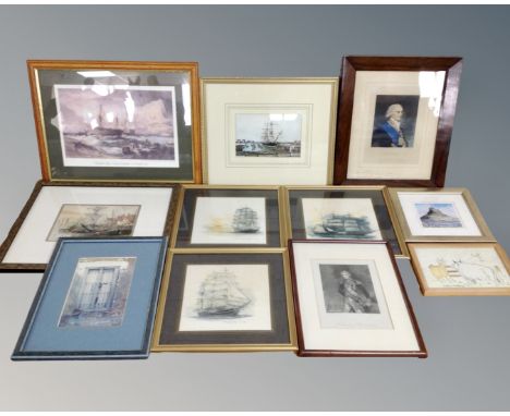 A box of assorted pictures and prints, nautical pictures to include black and white etching, Sailing ships, signed print of B