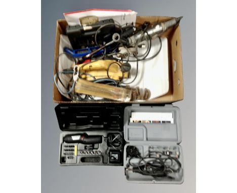 A box of power tools and hand tools, Dremel multi tool, planer, Black and Decker angle grinder etc 