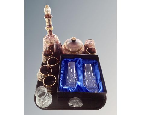 A tray containing a gilded glass decanter set, lidded bowl, a pair of brass tumblers etc.